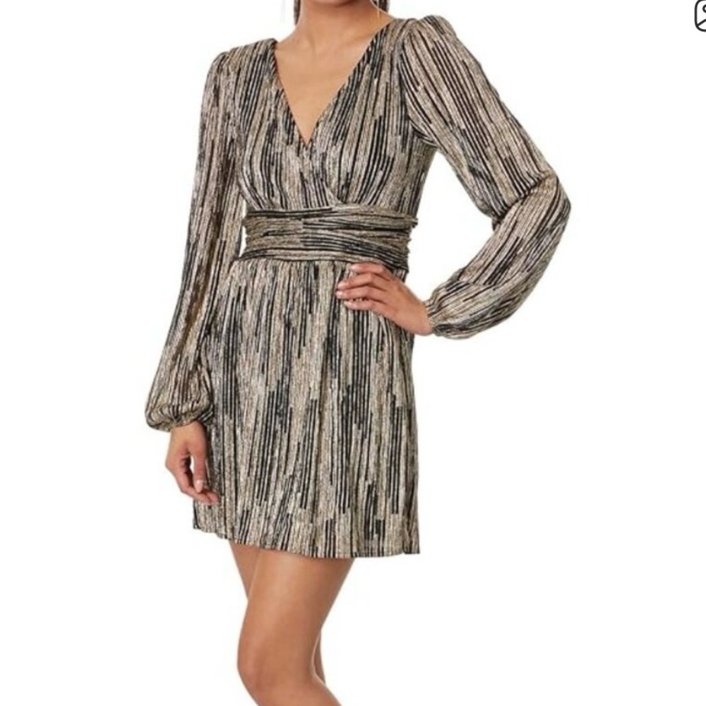 Lily Pulitzer Riza Long Sleeve Metallic Black and Gold V-Neck Mini Dress Large